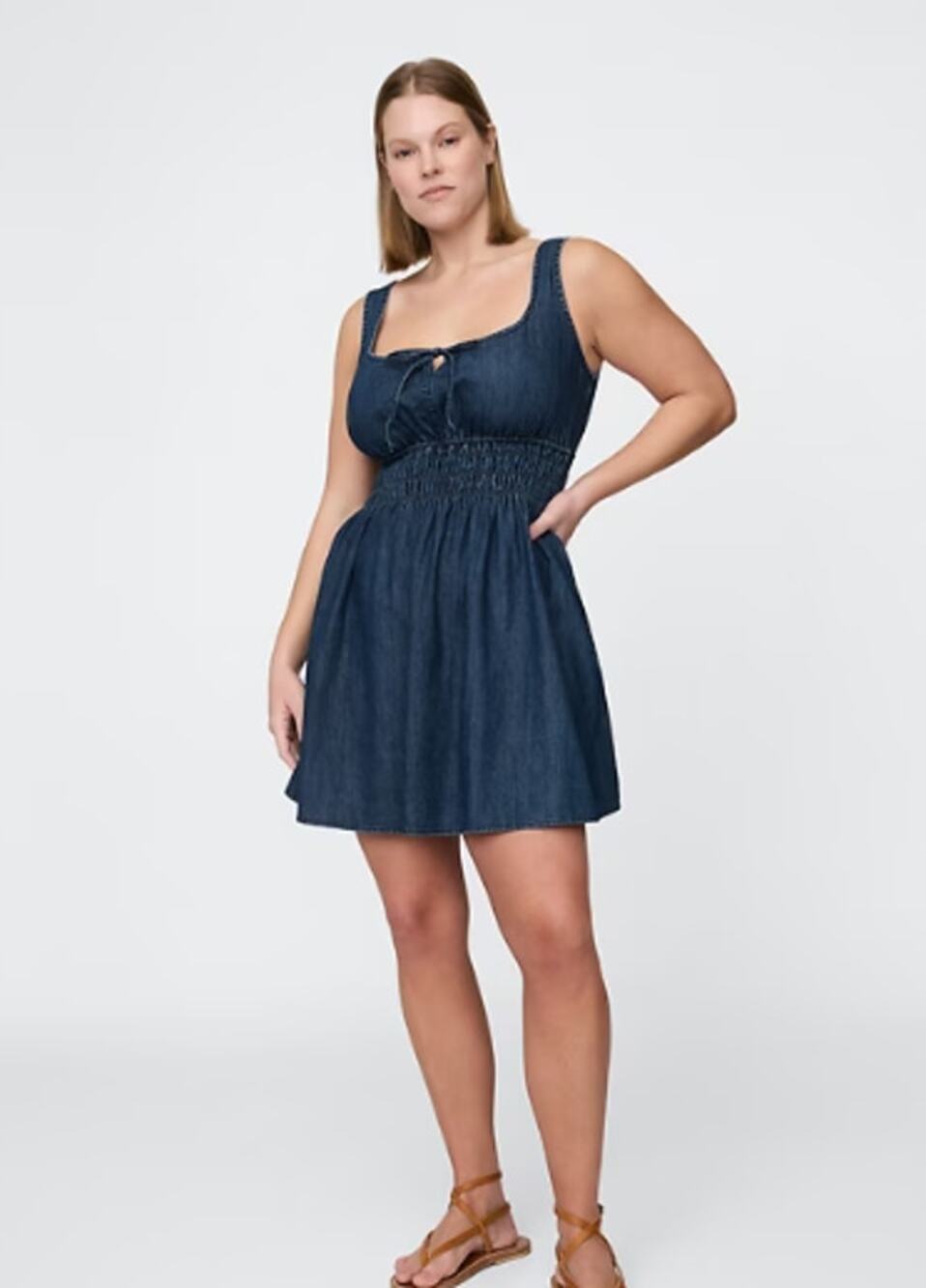 NWT Gap Denim Tie Front Smocked Waist Mini Dress Blue Med